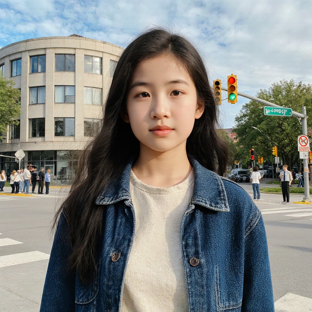 a 10yo girl with long,  wavy hair wearing a denim jacket and a light-colored top. The person is standing outdoors,  with a...