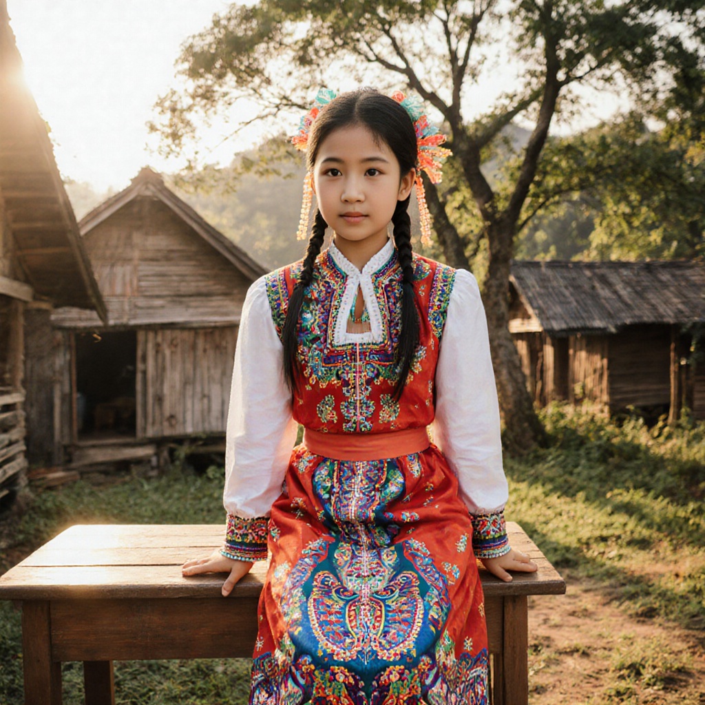 A Malay YOUNG girl sitting on a wooden desk in a traditional village setting,  wearing a colorful traditional Malay dress...