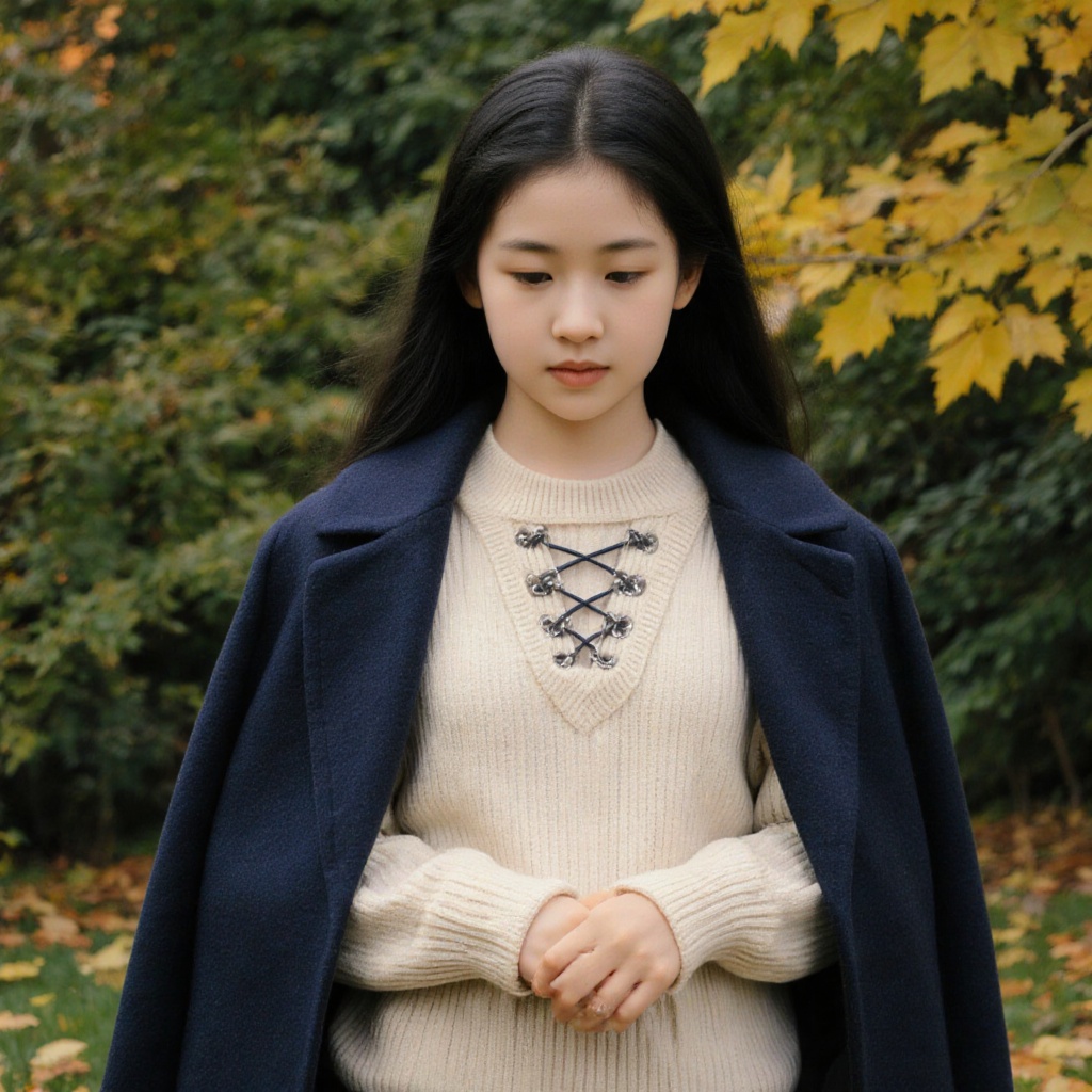 1 young girl with long,  dark hair,  wearing a light-colored on Tensor.Art