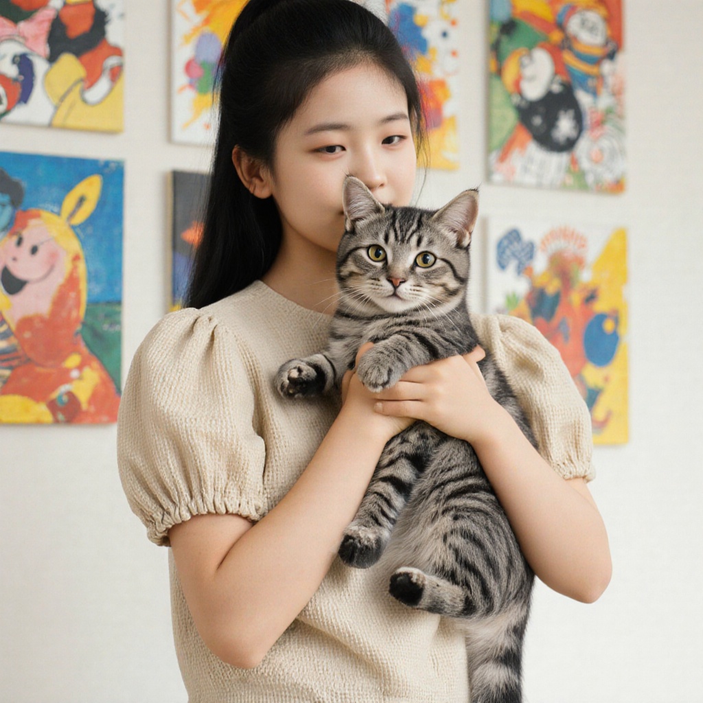 1 young girl holding a silver tabby cat. The person is wearing a beige,  textured,  short-sleeve top with puffed sleeves....