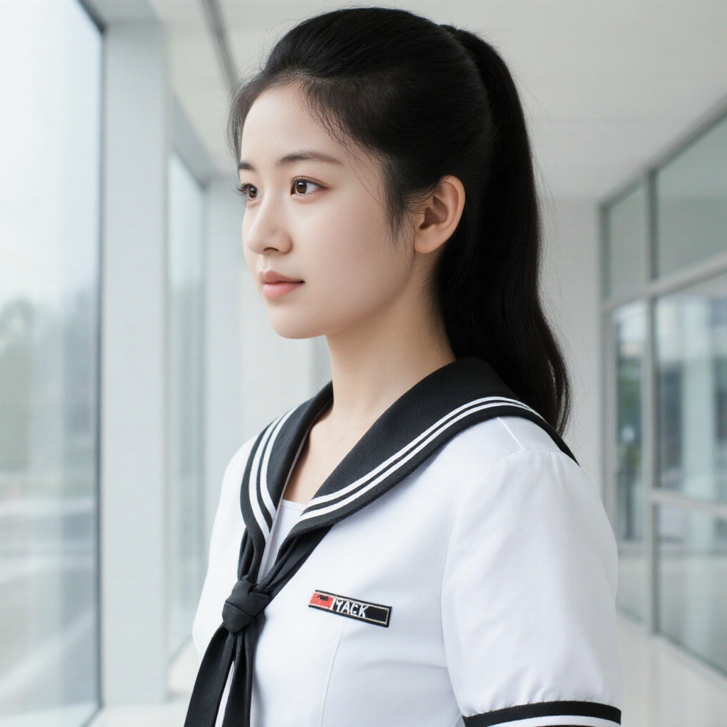 The image shows a young woman with long,  dark hair tied back in a ponytail. She is wearing a white sailor-style uniform w...