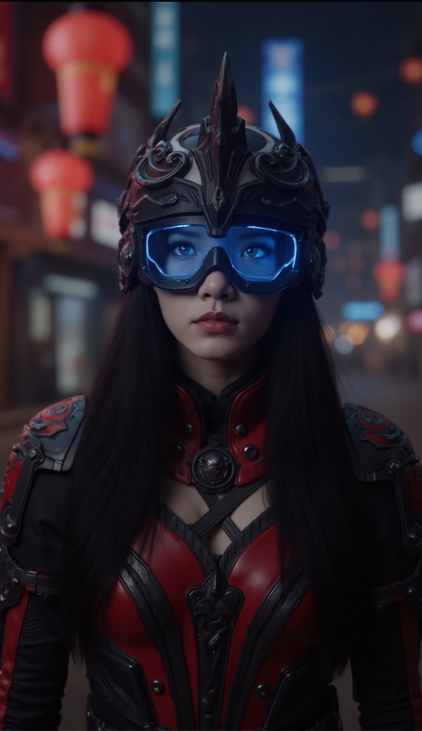 Medium shot,  young warrior with long black hair and pale skin. She wears a detailed,  futuristic helmet with glowing blue...