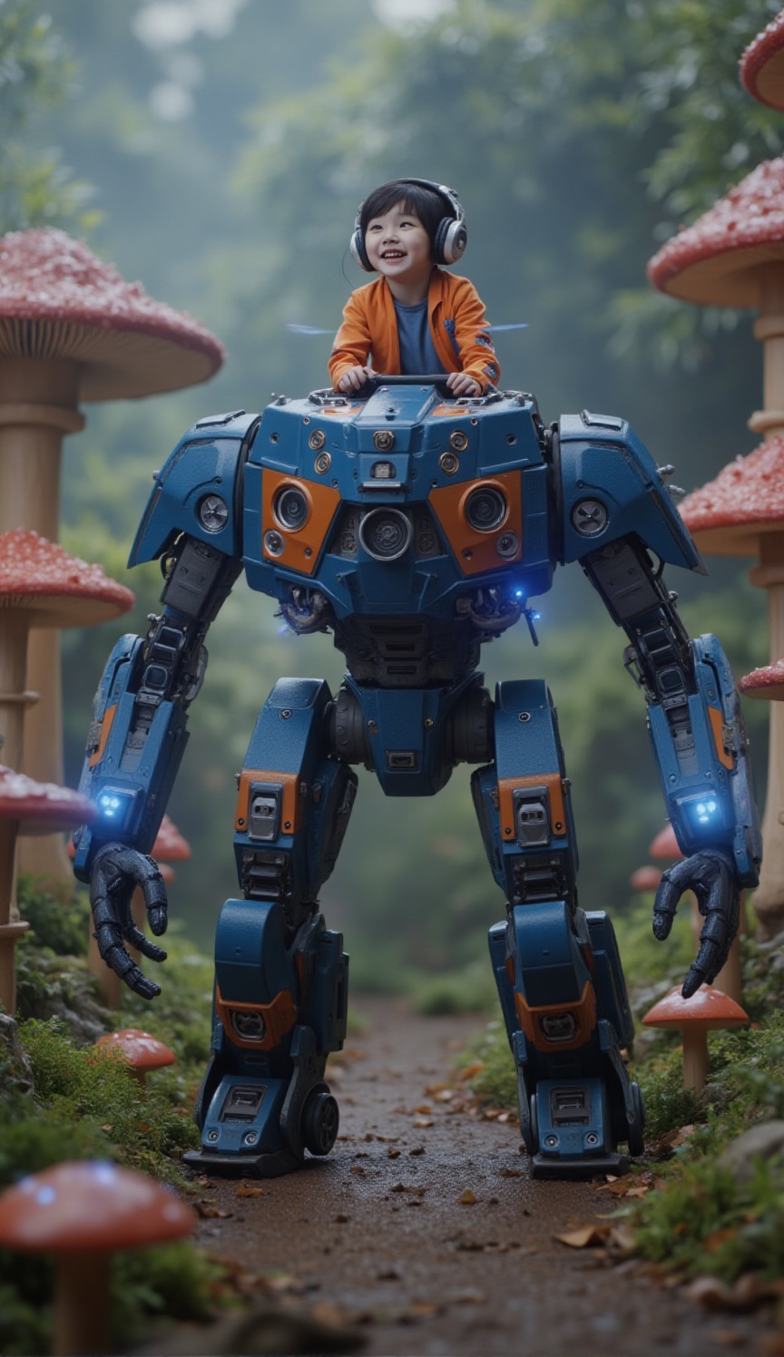 side view of a large futuristic robot standing in the middle of a dense forest of giant mushrooms. The robot has a solid a...