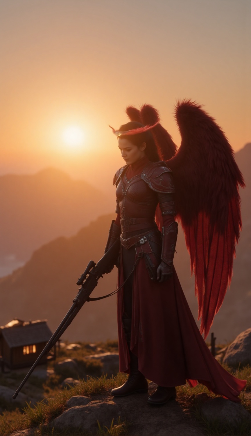A cinematic shot of a warrior in a burgundy red armored suit with matching wings,  standing on a mountain peak. She is loo...