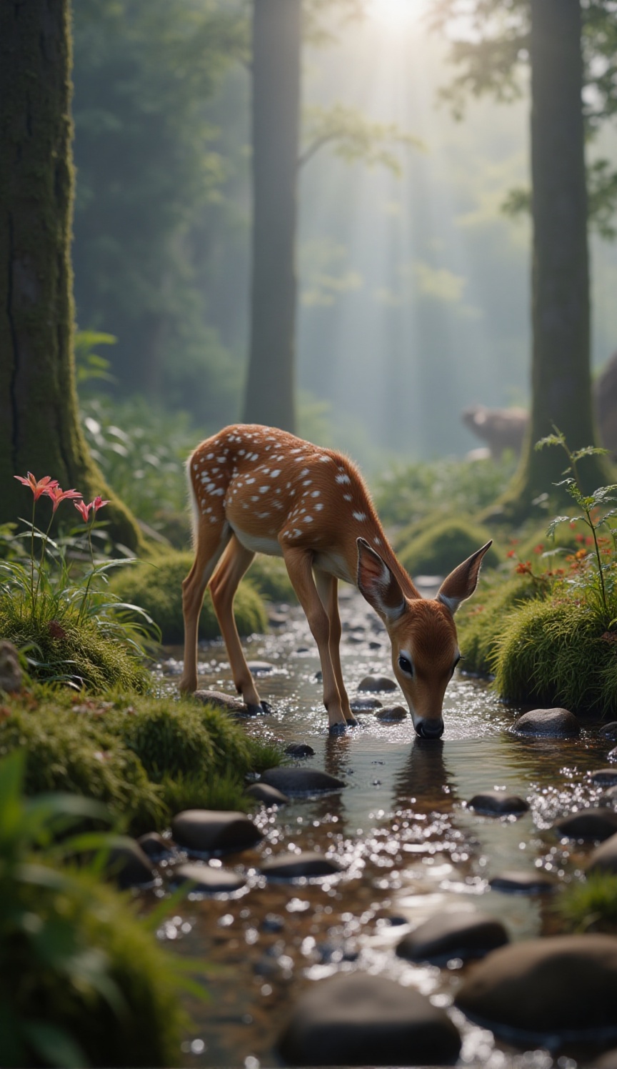 Bright diffused sunlight filters through a lush misty forest in a medium shot slightly from a low angle,  illuminating a y...