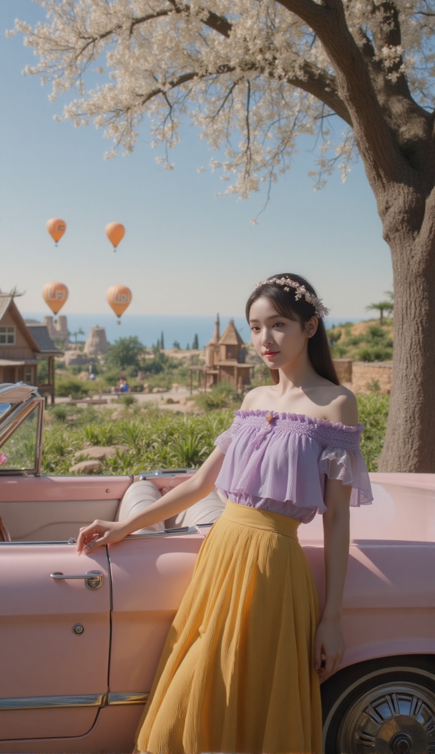 In a moment of quiet contemplation,  a woman looking at viewer,  wearing a lavender off-the-shoulder top and mustard yello...