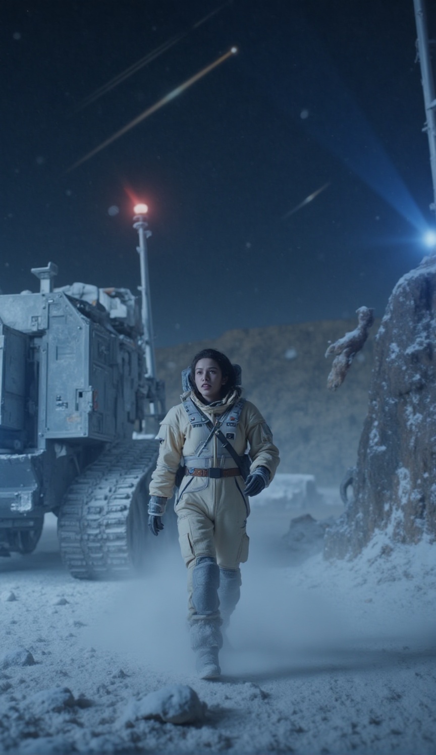 Lunar Outpost Blizzard Survival (Meteor Shower): A remote lunar outpost during a sudden,  violent moon-blizzard at night,...