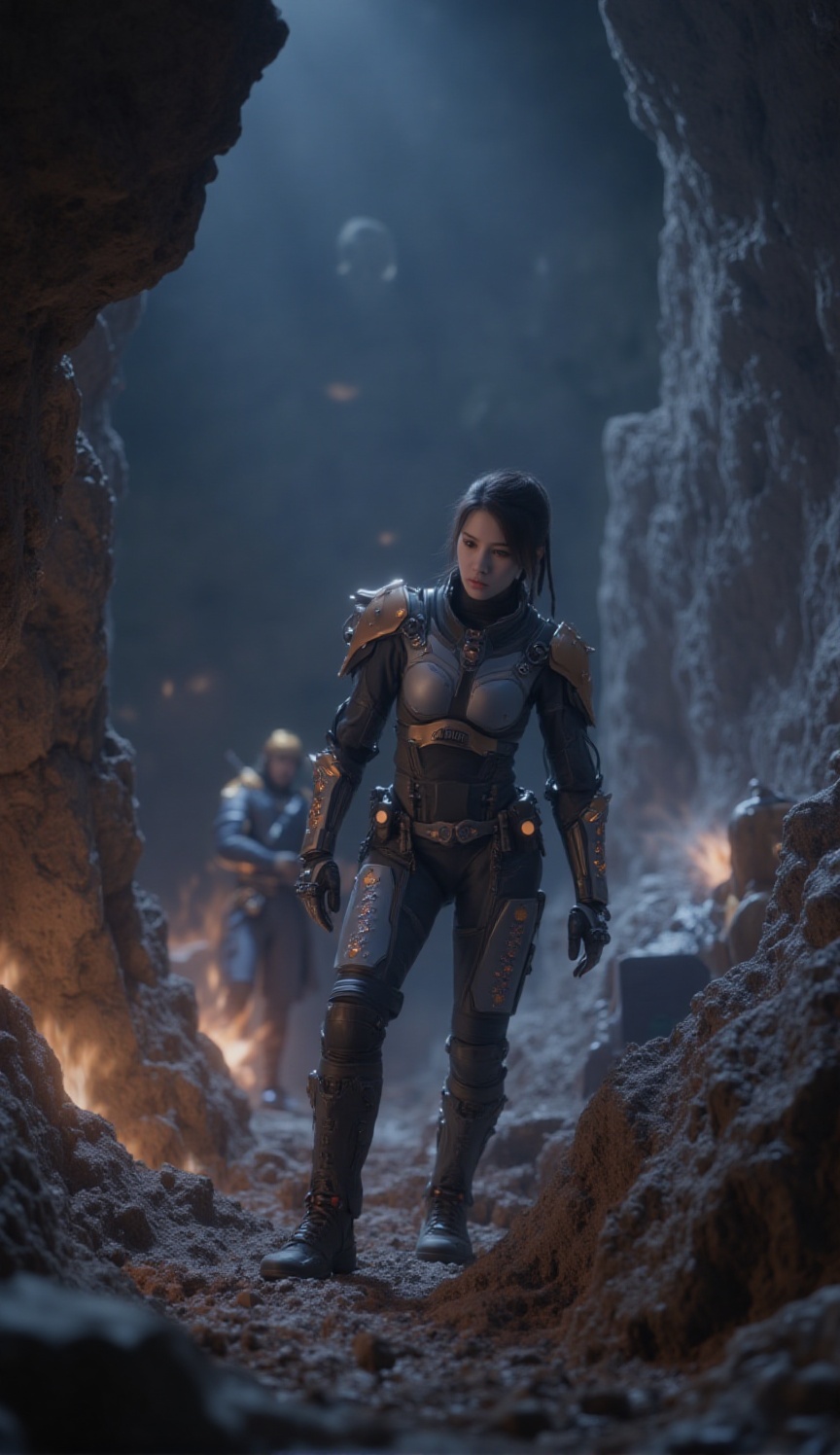 Subterranean Assault: Deep Earth Breaker: A claustrophobic,  alien cavern deep underground at night,  illuminated by harsh...