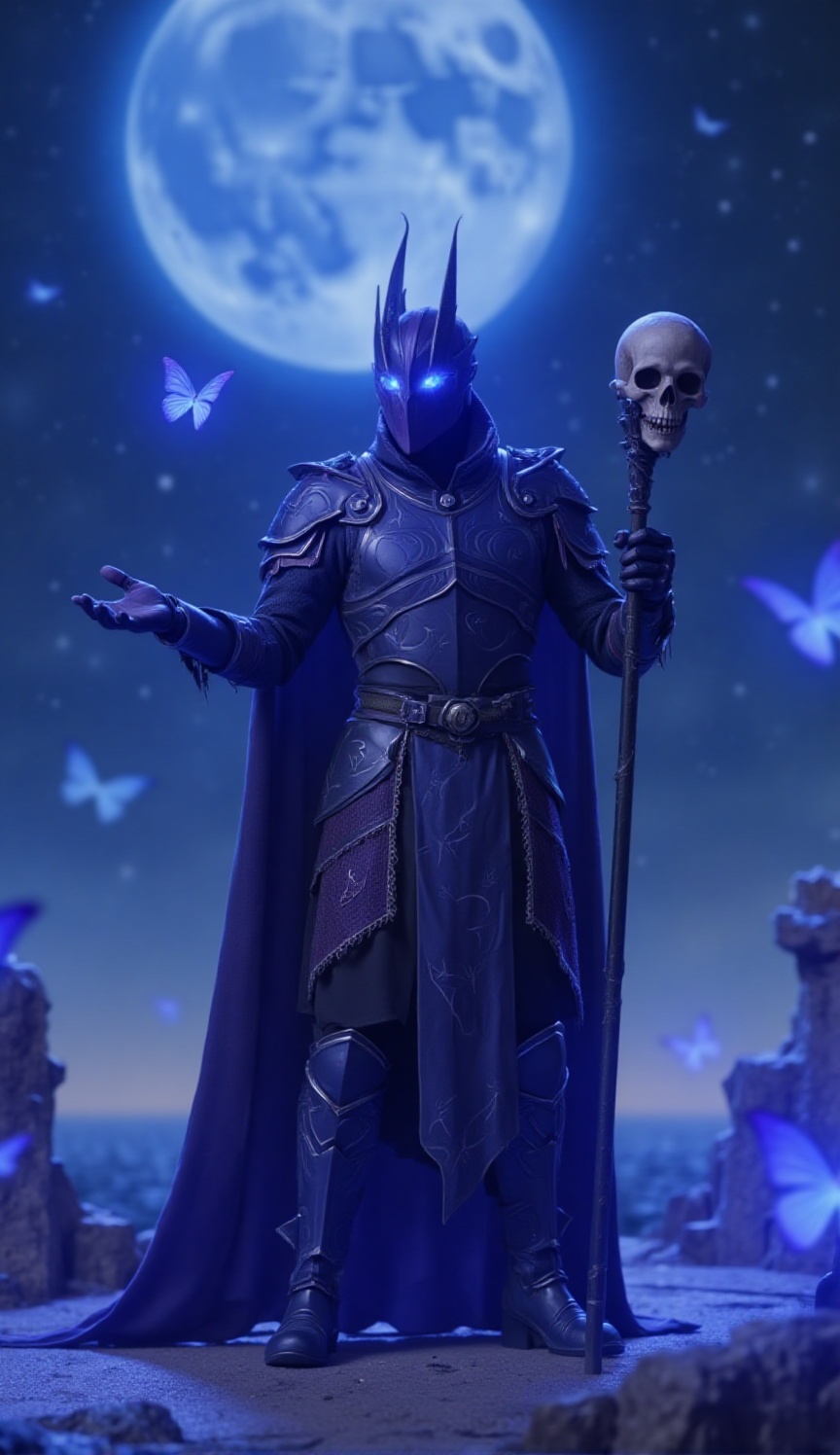 A mystical shadow weaver in deep violet and dark grey armor,  adorned with swirling patterns resembling nebulae and a long...