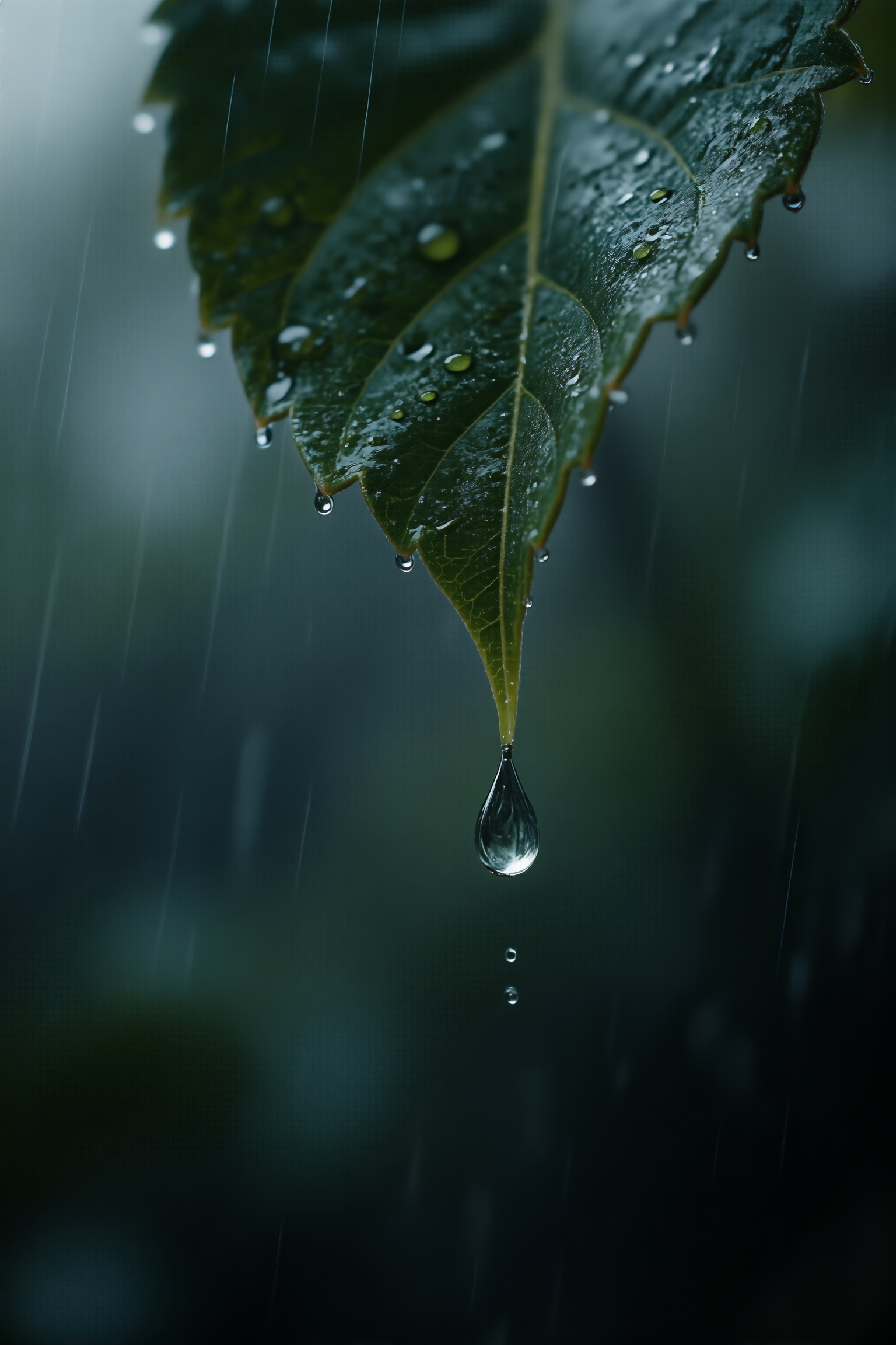 Rain drop ,  hanging on a drooped leaf,  close up on Tensor.Art