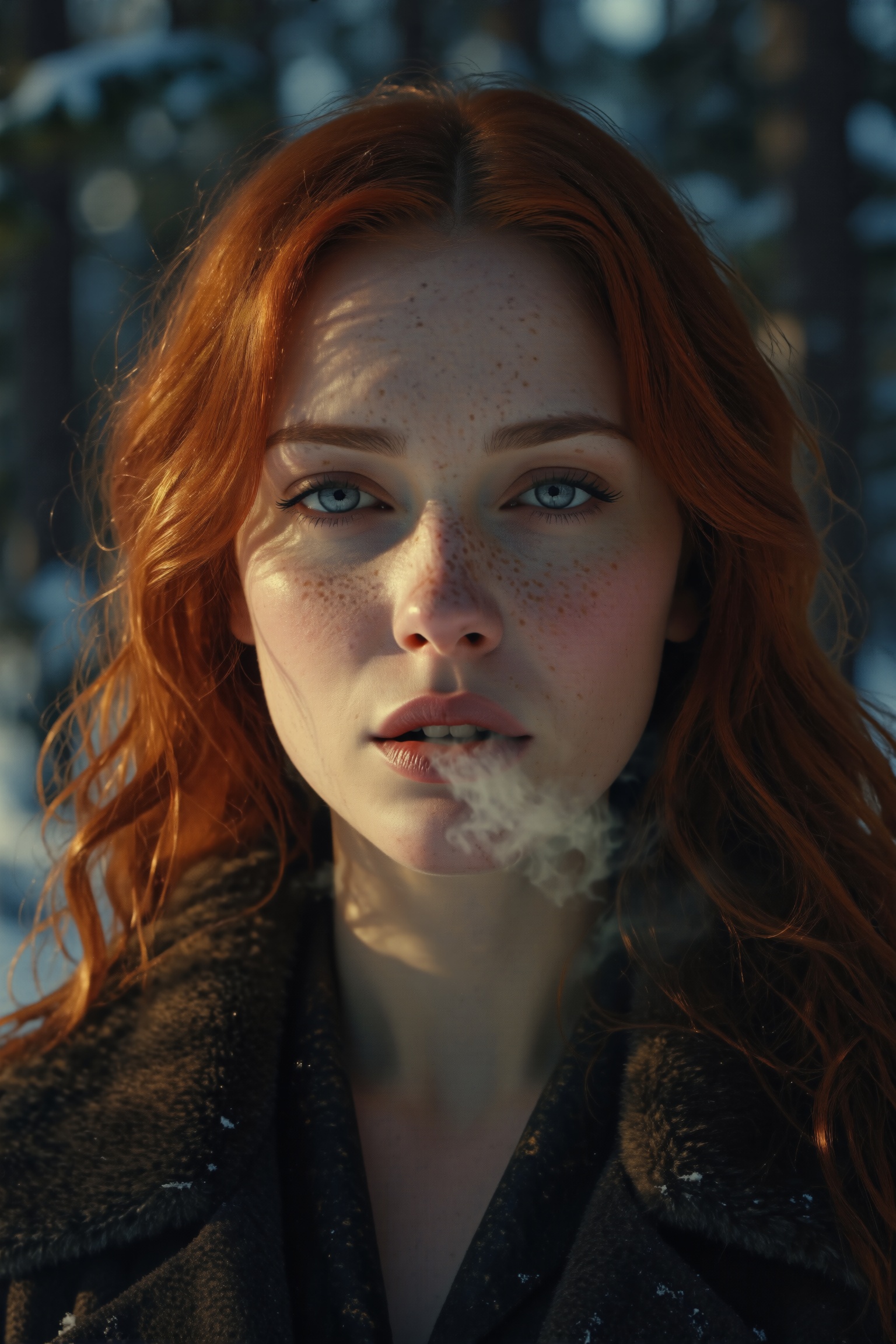 Close up front view portrait of an elegant woman in a winter pine forest. Her long wavy ginger hair frames a fine pale fac...