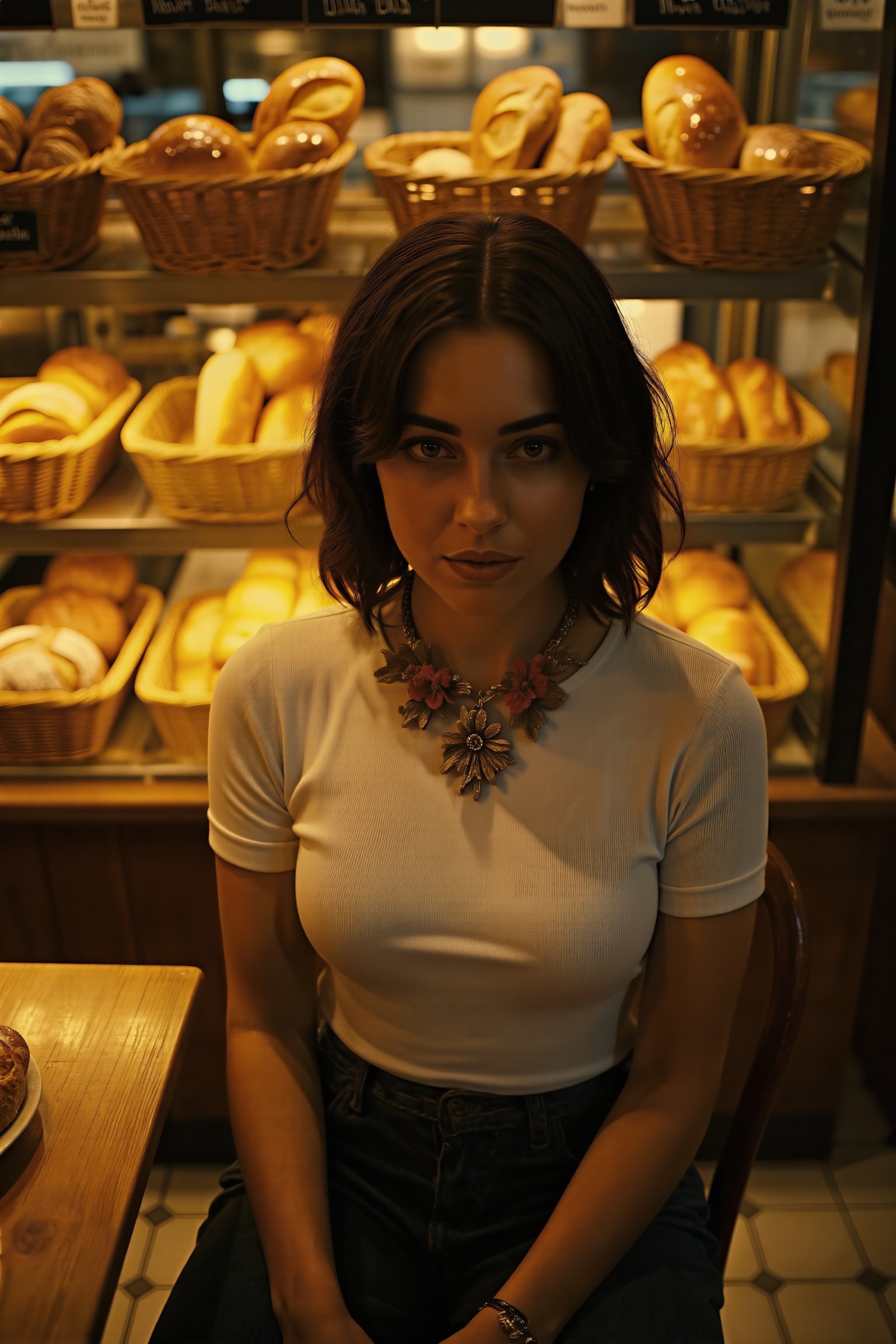 A person sits center frame,  wearing a white short-sleeve top and a unique floral necklace,  in front of a shelf filled wi...