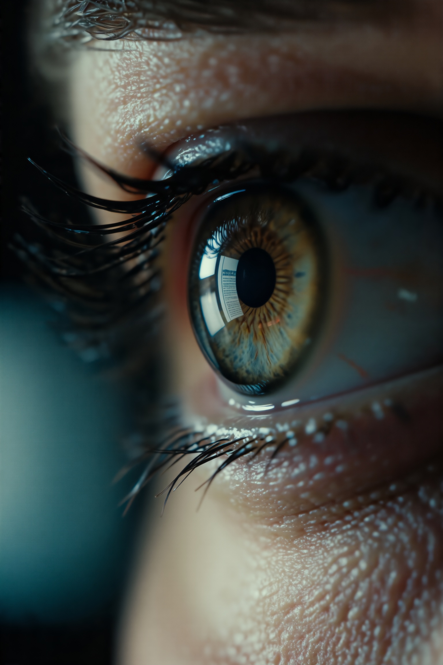 cinematic,  A close-up of an eye with an image reflected on the surface of the pupil,  showing long eyelashes and fine ski...