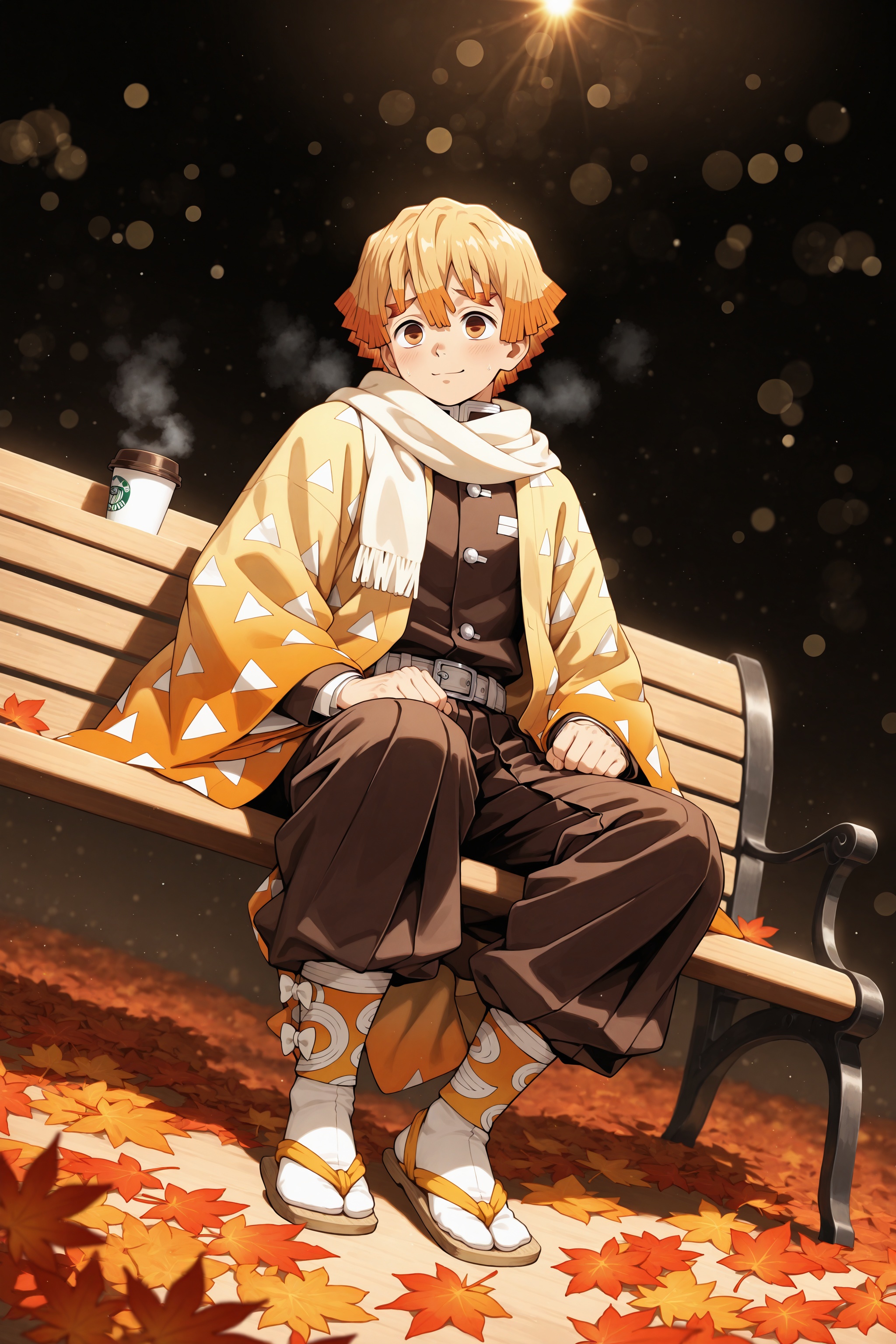 Zenitsu Agatsume in casual autumn clothes,  wearing a mustard-yellow sweater,  beige scarf on Tensor.Art