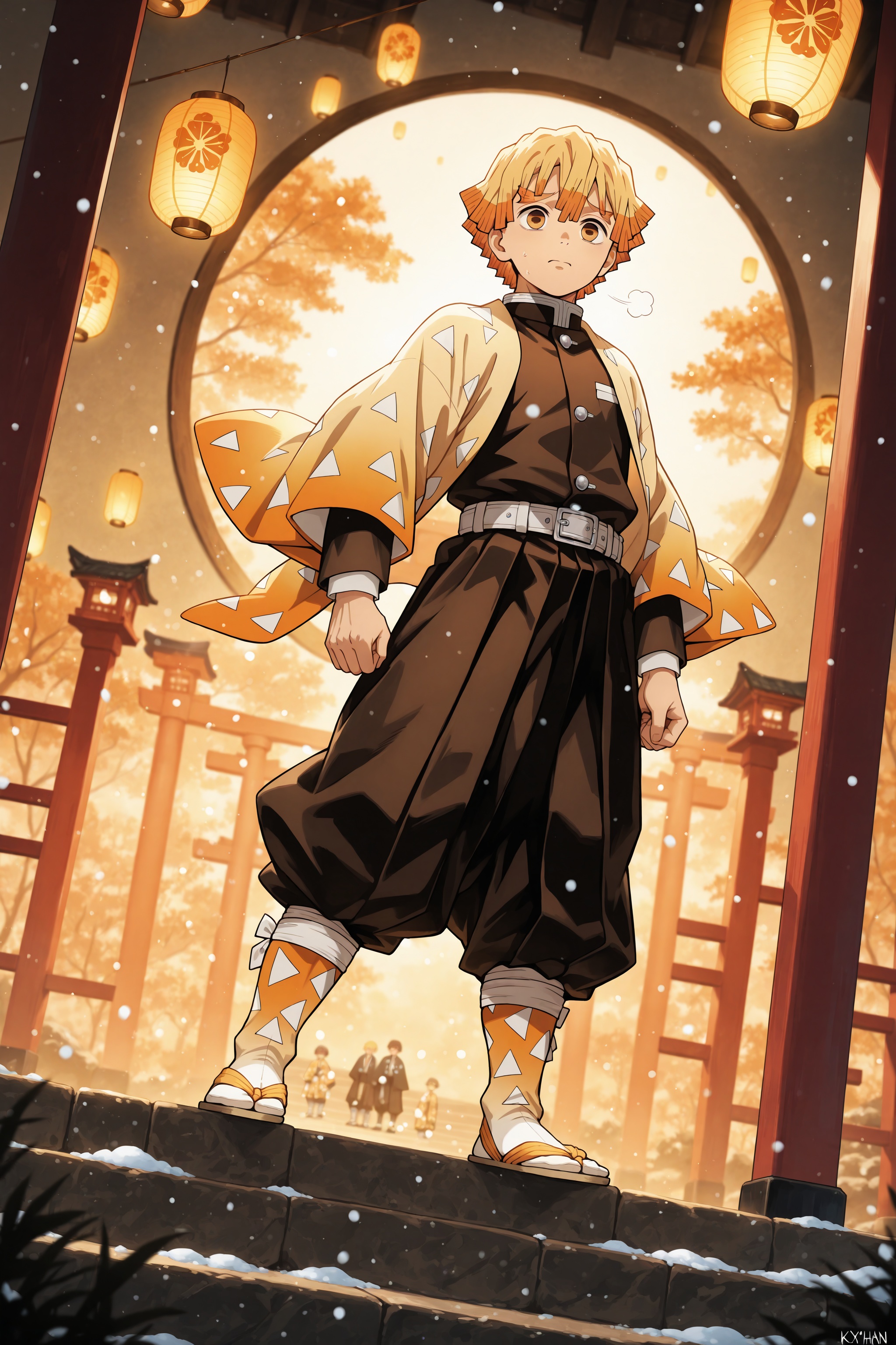 Zenitsu Agatsume in a luxurious white and gold winter kimono with fur collar,  snowflakes on his hair,  holds a glowing pa...