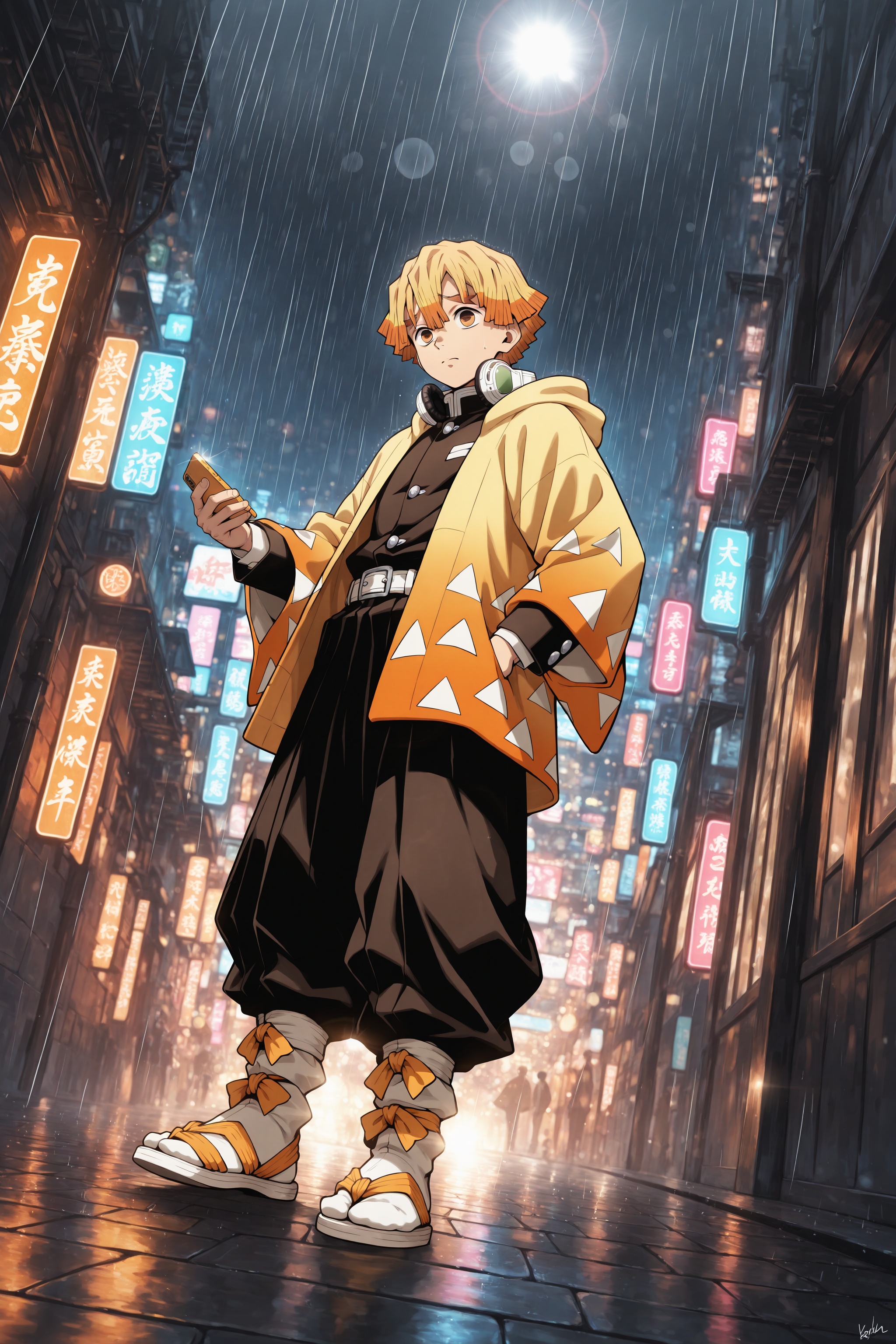 Zenitsu Agatsume as a cool modern teenager with messy yellow-orange gradient hair,  wearing an oversized yellow hoodie wit...