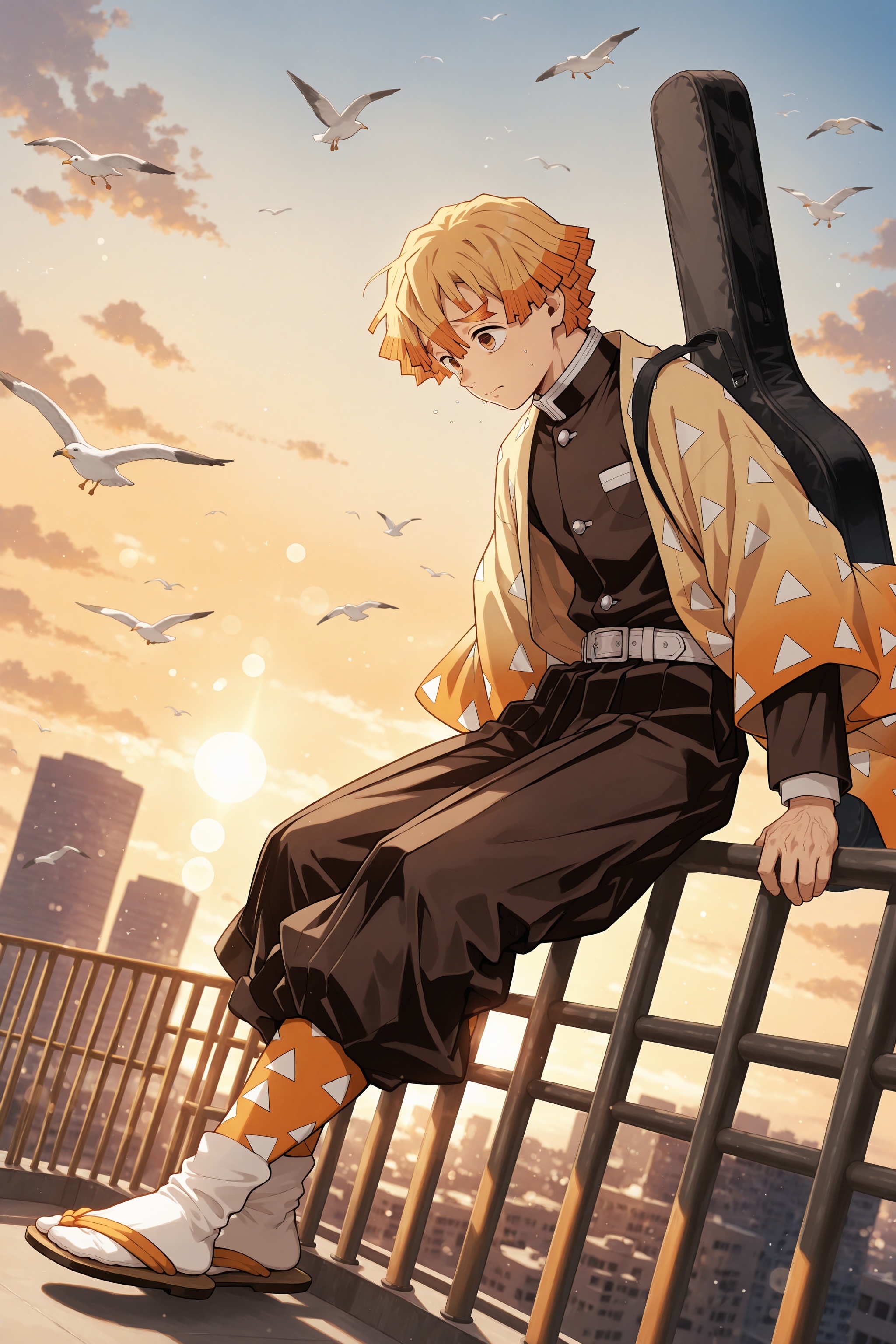 Zenitsu Agatsume in modern Japanese high school uniform—white shirt,  navy blue blazer,  striped tie on Tensor.Art