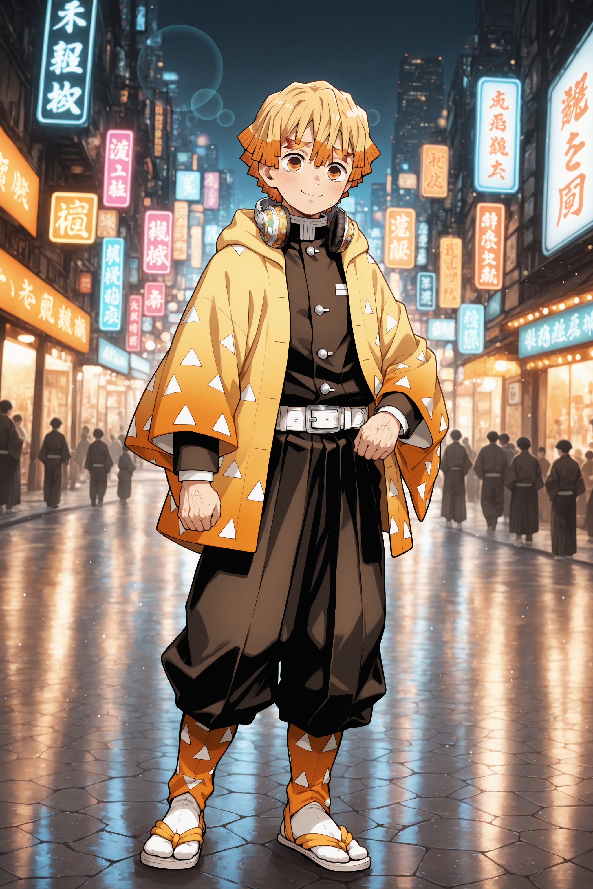 Zenitsu Agatsume in urban streetwear—oversized yellow hoodie with bold Japanese kanji,  black ripped jeans barely visible,...