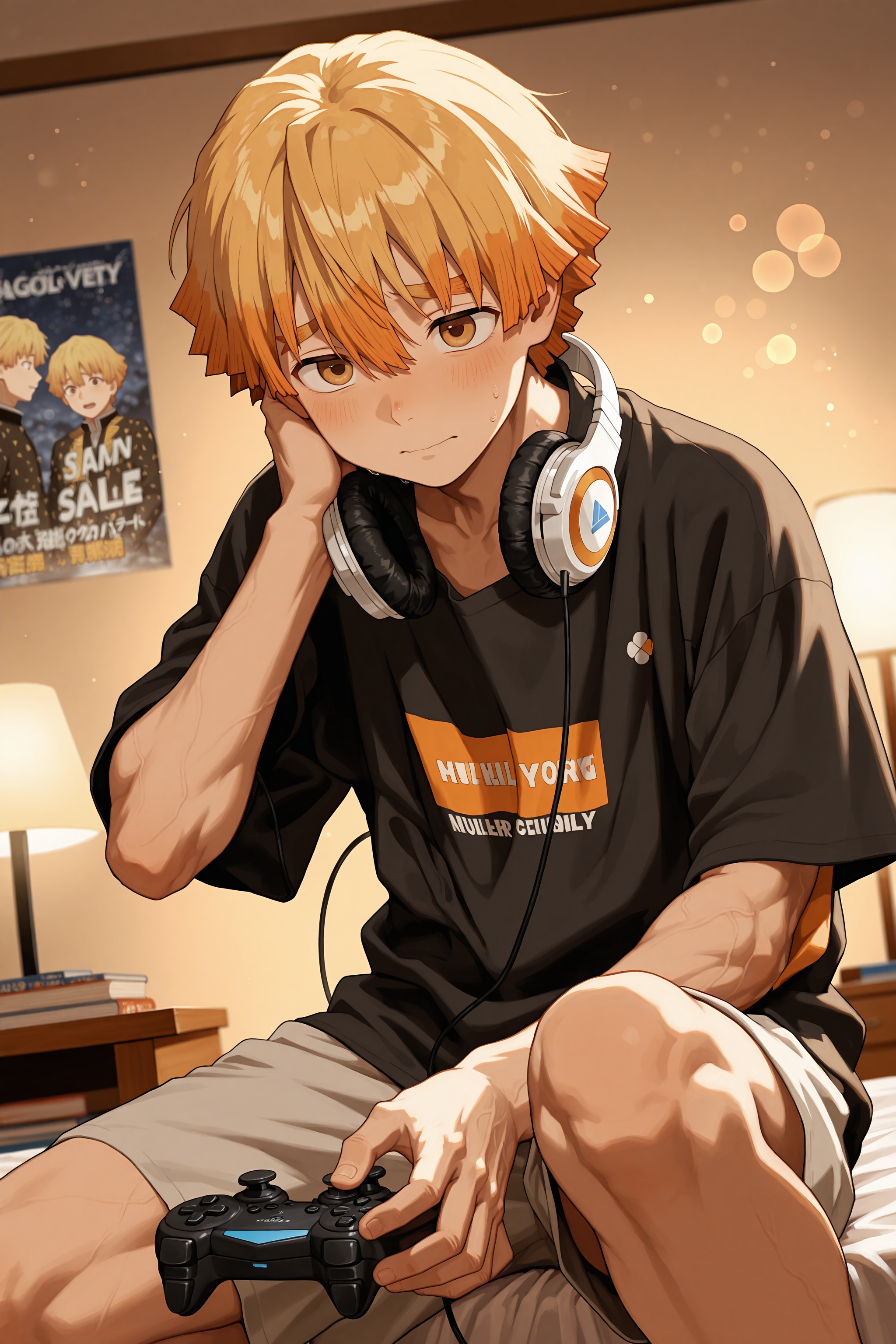 Slightly tilted angle anime slice-of-life of Zenitsu Agatsume sitting on bed in plain black T-shirt and gray cotton shorts...