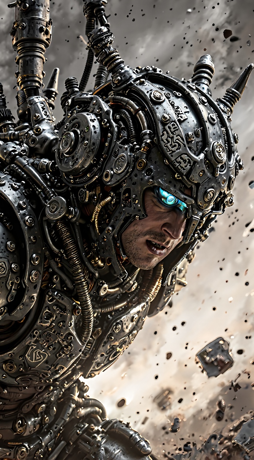 A heavily armored warrior in dynamic battle stance,  shining blue eye,  Two layers of components show inner mechanics with...