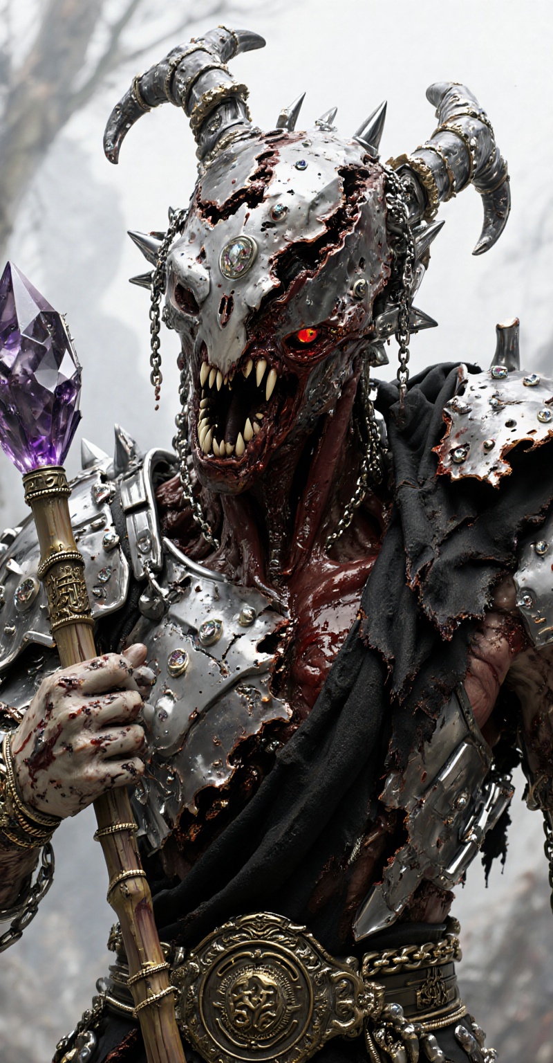 A horrifying biomechanical demon hybrid,  half of its skull torn open revealing dark-Plate-layered and sharp diamond cryst...