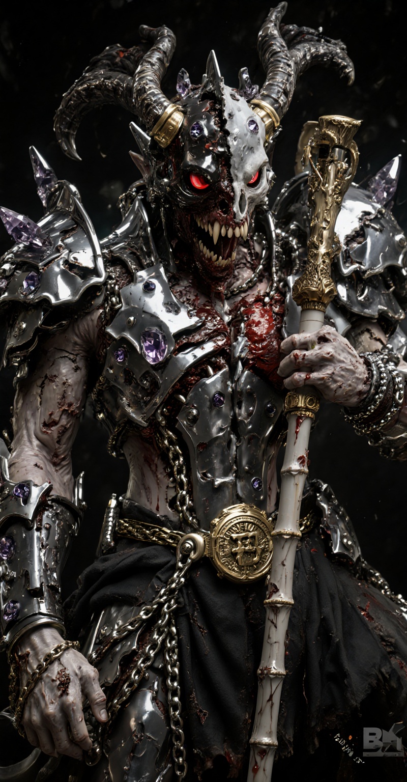 A horrifying biomechanical demon hybrid,  half of its skull torn open revealing dark-Plate-layered and sharp diamond cryst...