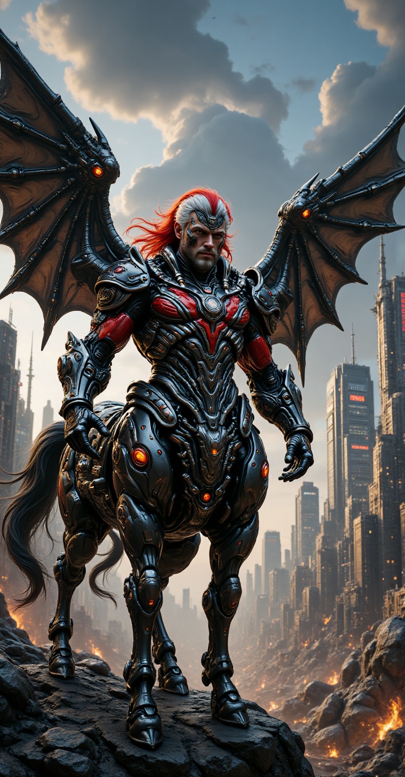 An epic cinematic wide shot of a handsome Viking centaur man,  with flowing hair of three colors—vibrant red,  striking wh...