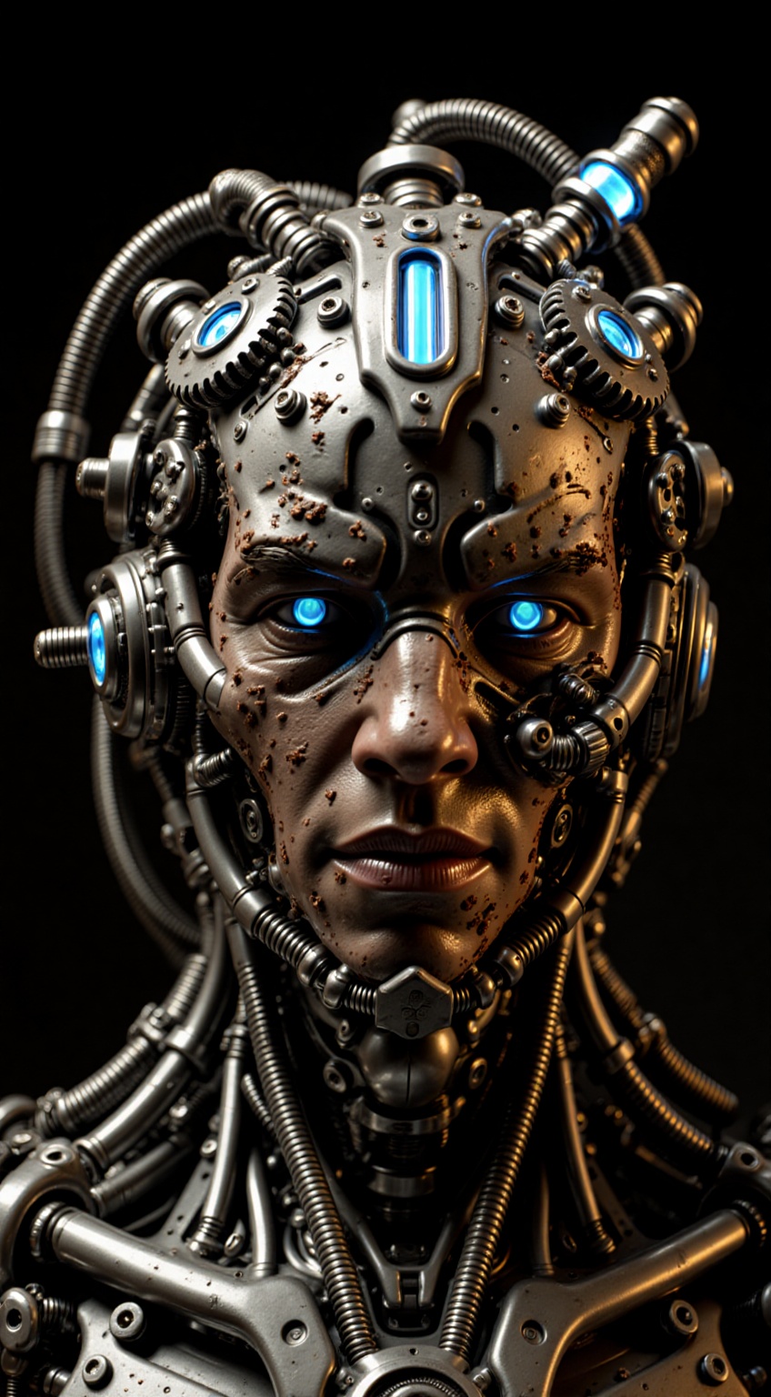 The image depicts a highly detailed and intricate robotic head,  which appears to be a fusion of human and machine. The he...
