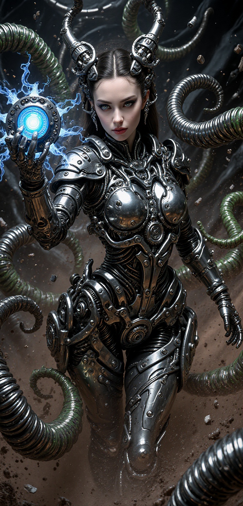 (Dynamic top view,  dynamic angle: 1.3). This image features a 25-year-old supernatural woman dressed in a futuristic,  fl...