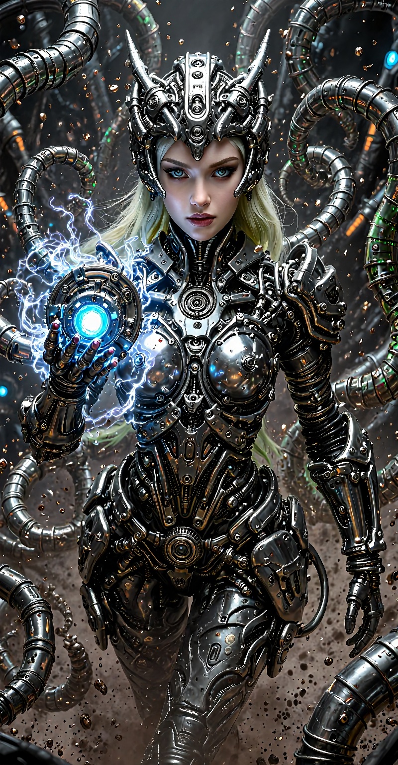 (Dynamic top view,  dynamic angle: 1.3). This image features a 25-year-old supernatural woman dressed in a futuristic,  fl...