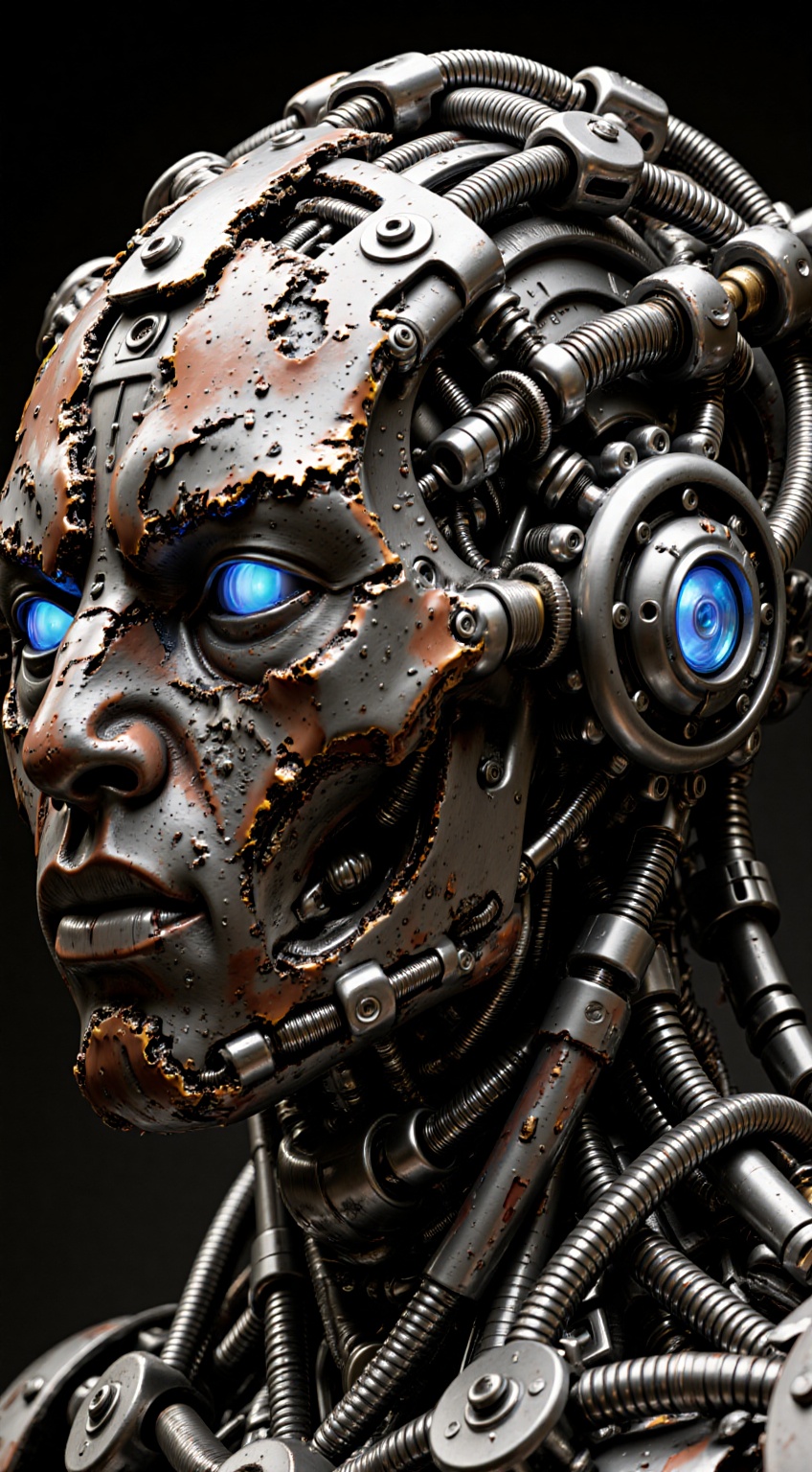 The image depicts a highly detailed and intricate robotic head,  which appears to be a fusion of human and machine. The he...