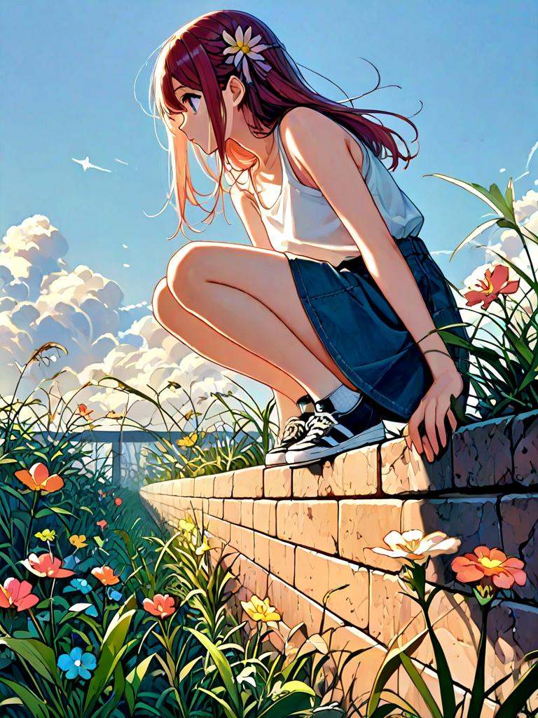 squatting on wall,  1girl,  solo on Tensor.Art