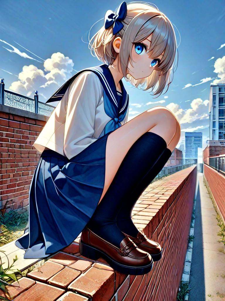 squatting on wall,  1girl,  solo on Tensor.Art