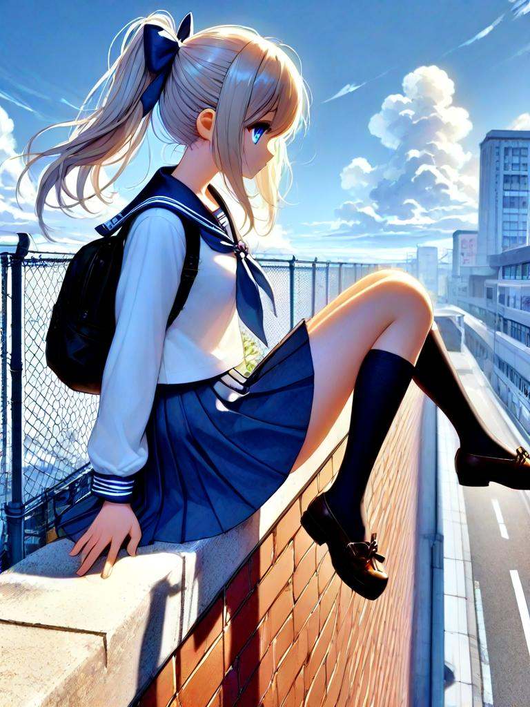 sitting on wall,  1girl,  solo on Tensor.Art