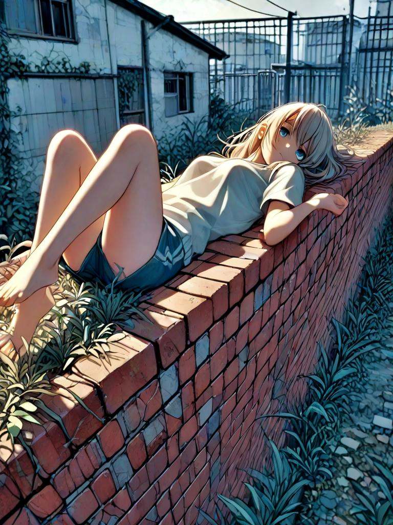 lying on wall,  on back,  foot dangle on Tensor.Art