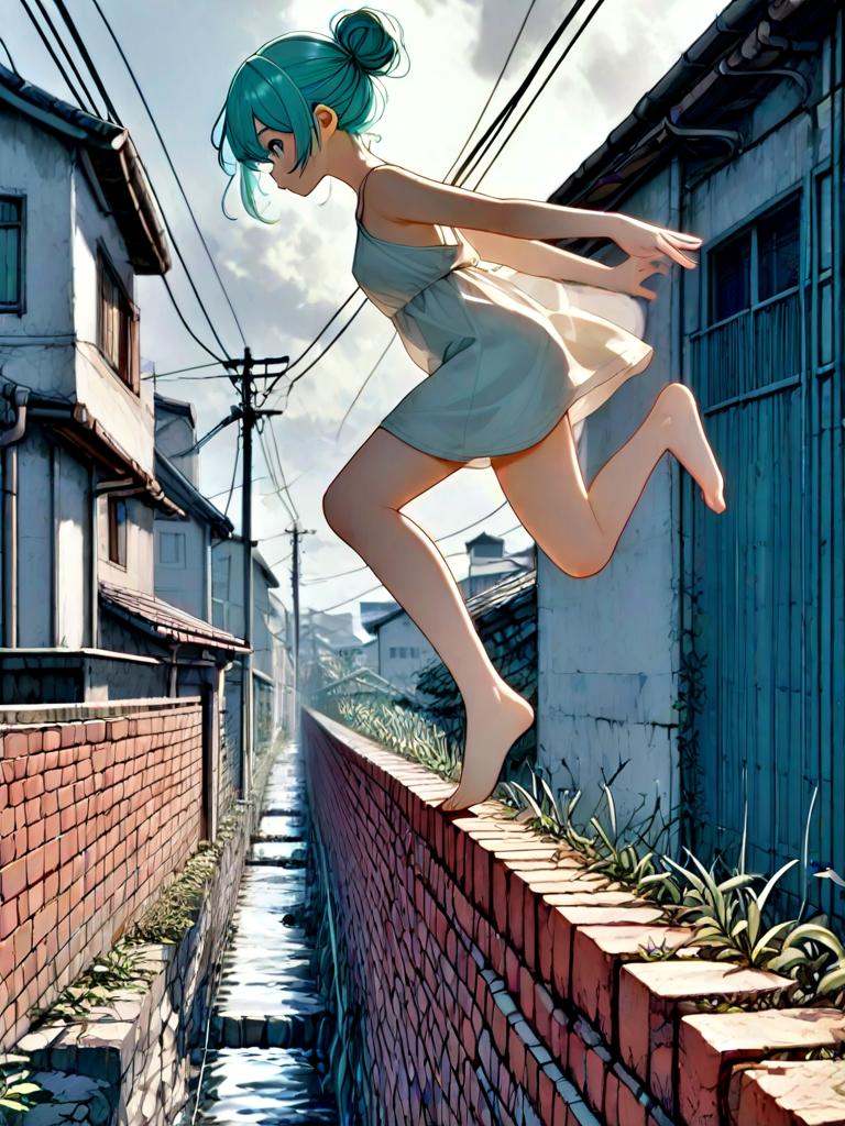 jumping over wall,  1girl,  solo on Tensor.Art