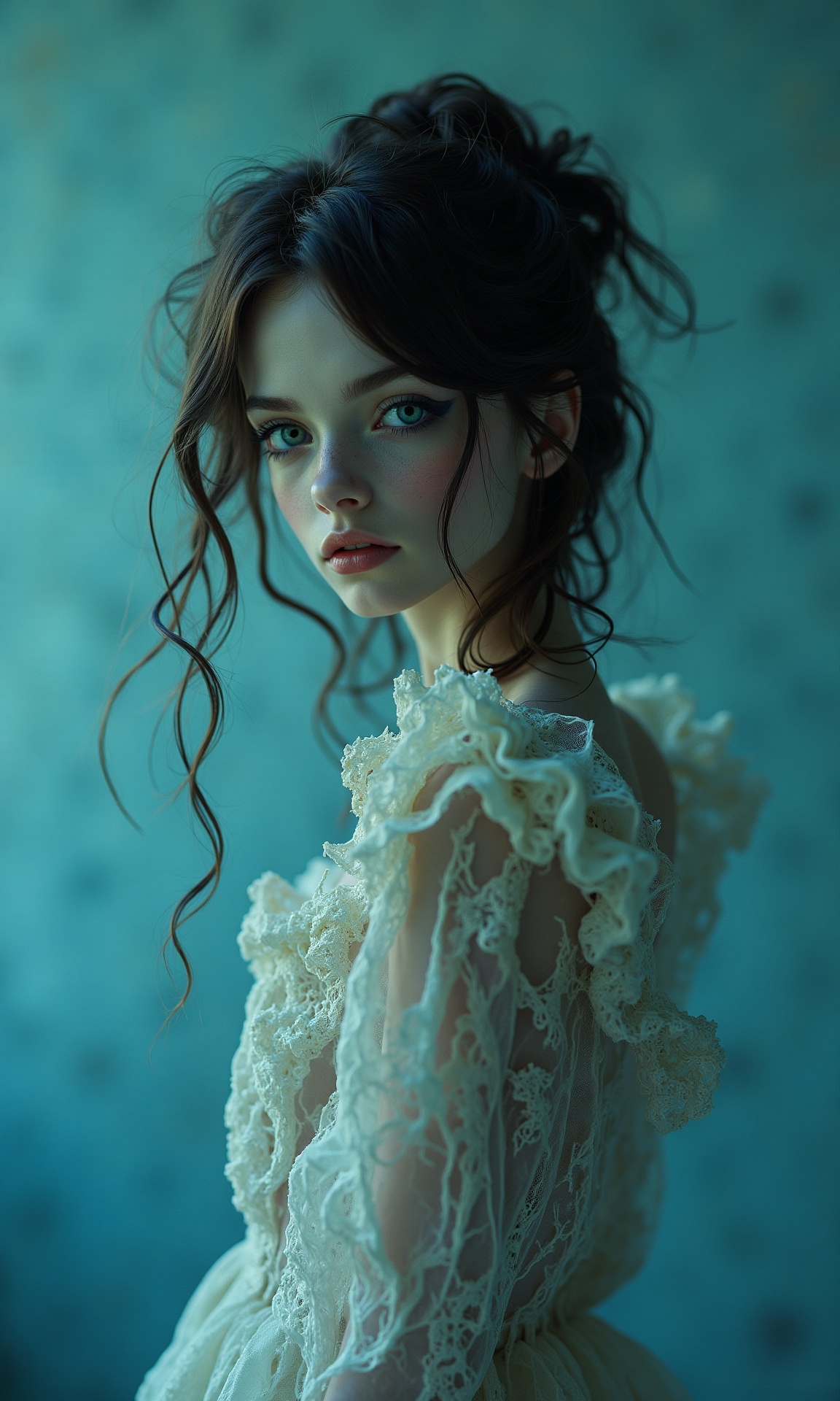 In a hauntingly beautiful scene,  a doll-like figure embodies the fusion of Tim Burton's eerie elegance and Guillermo del...