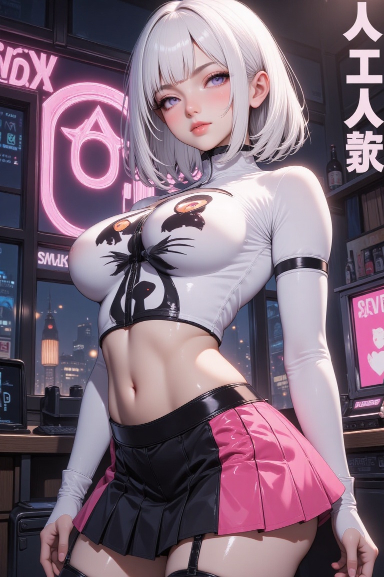 Anime-style woman with a sharp white and black short bob in bold layers,  wearing a tight white crop top with cat-eye prin...