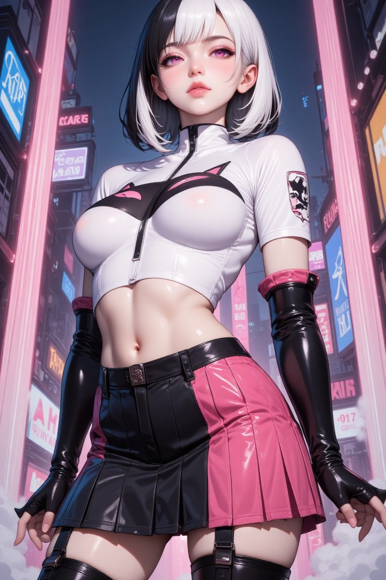Anime-style woman with a sharp white and black short bob in bold layers,  wearing a tight white crop top with cat-eye prin...