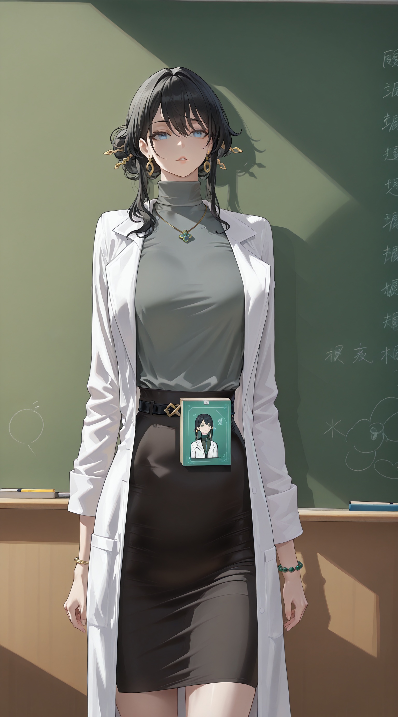 The image depicts a stylized anime-style character standing in a classroom setting. The character has long black hair,  bl...
