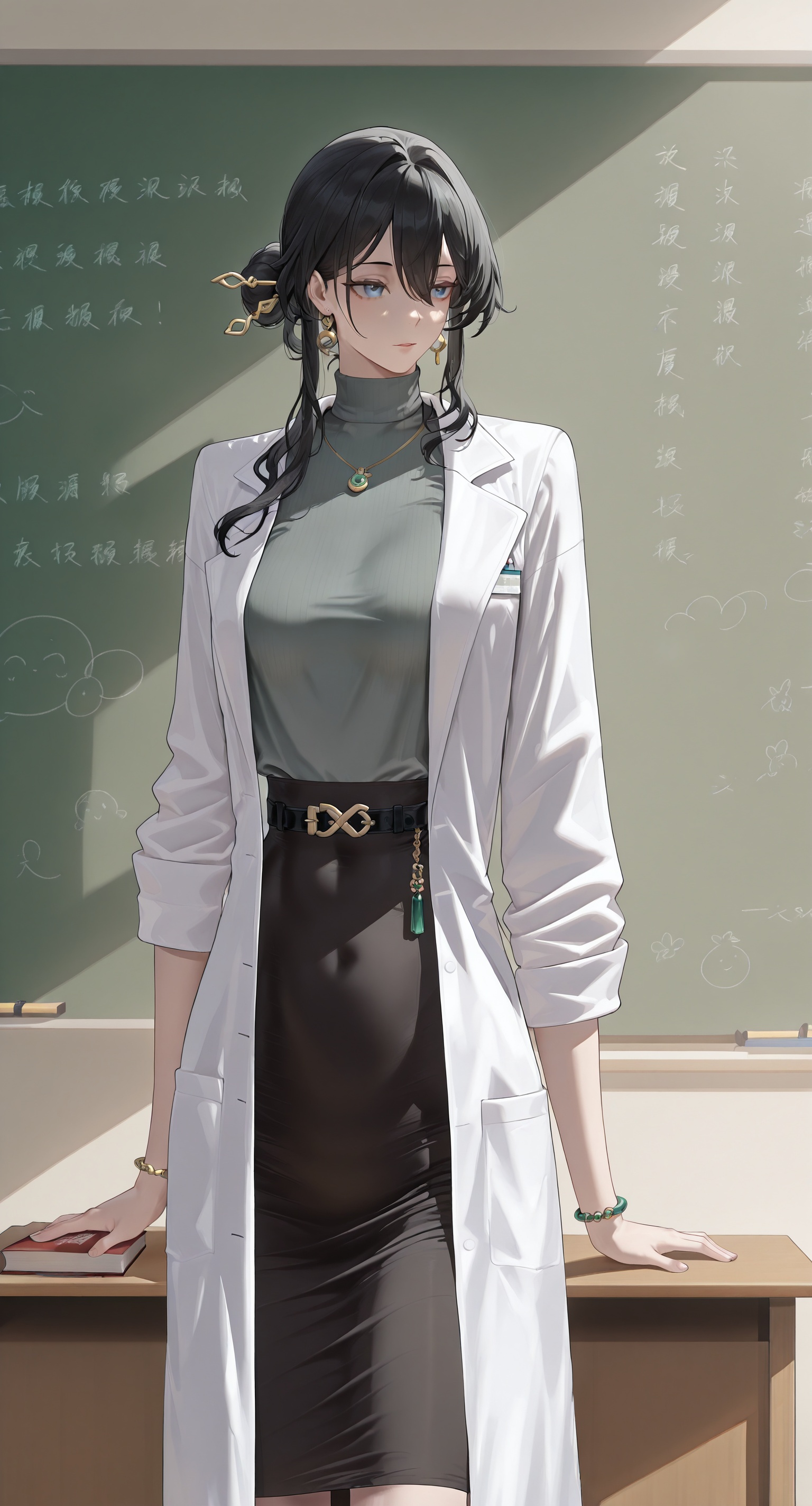 The image depicts a stylized anime-style character standing in a classroom setting. The character has long black hair,  bl...