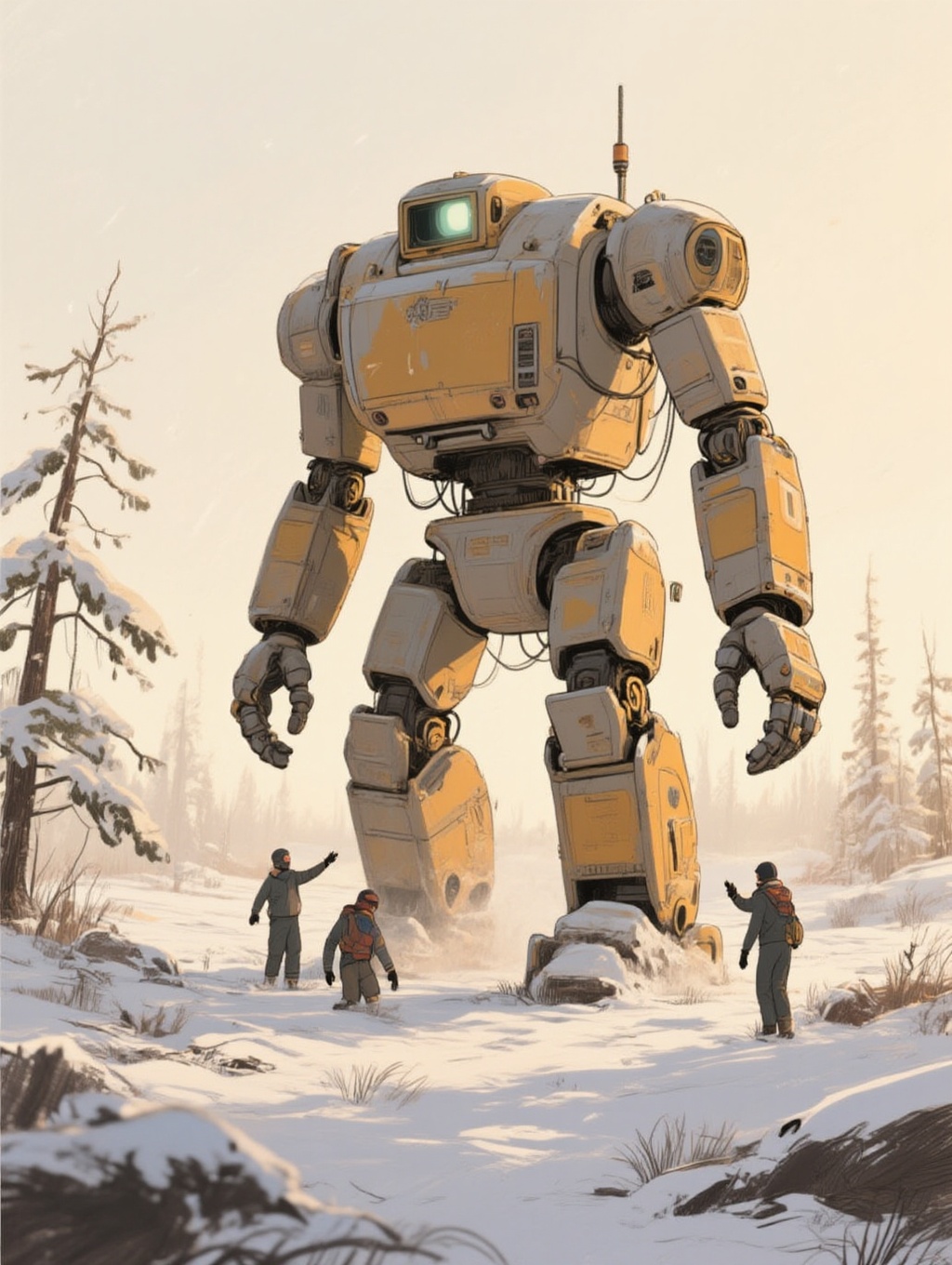 illustration of a massive mech worker in the snow with tiny human technicians on the ground dressed for arctic cold among...
