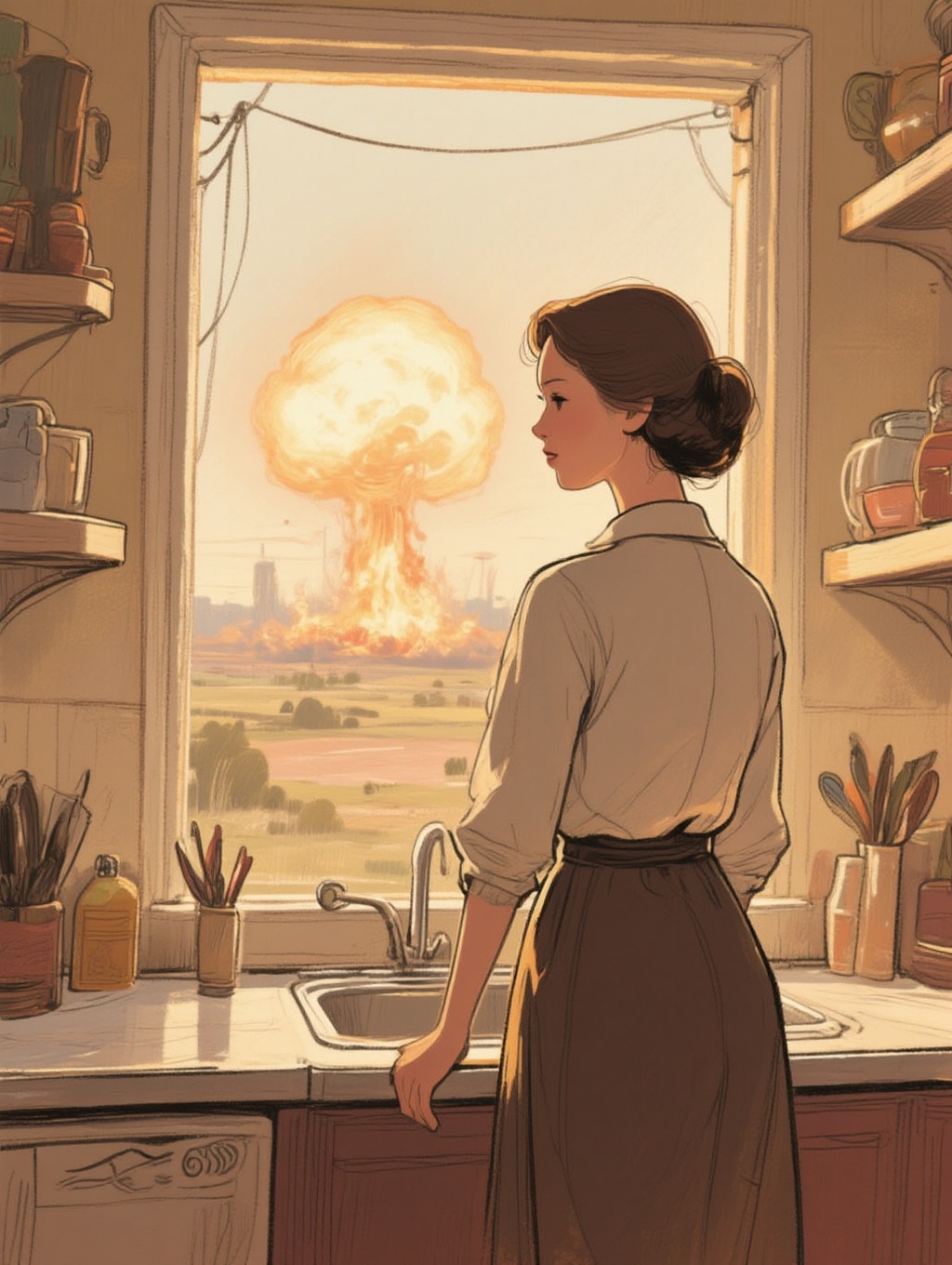 illustrated view of a retro-style atomic woman from behind,  standing in her kitchen,  looking out the window at a giant e...
