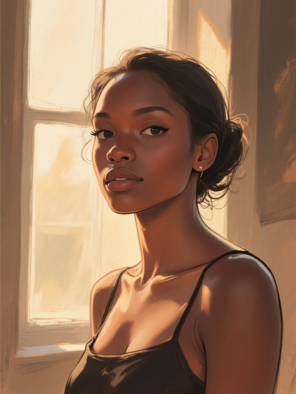 illustrated closeup head and shoulders portrait of a beautiful Kenyan model,  boudoire scene,  bright backlit sunlight str...