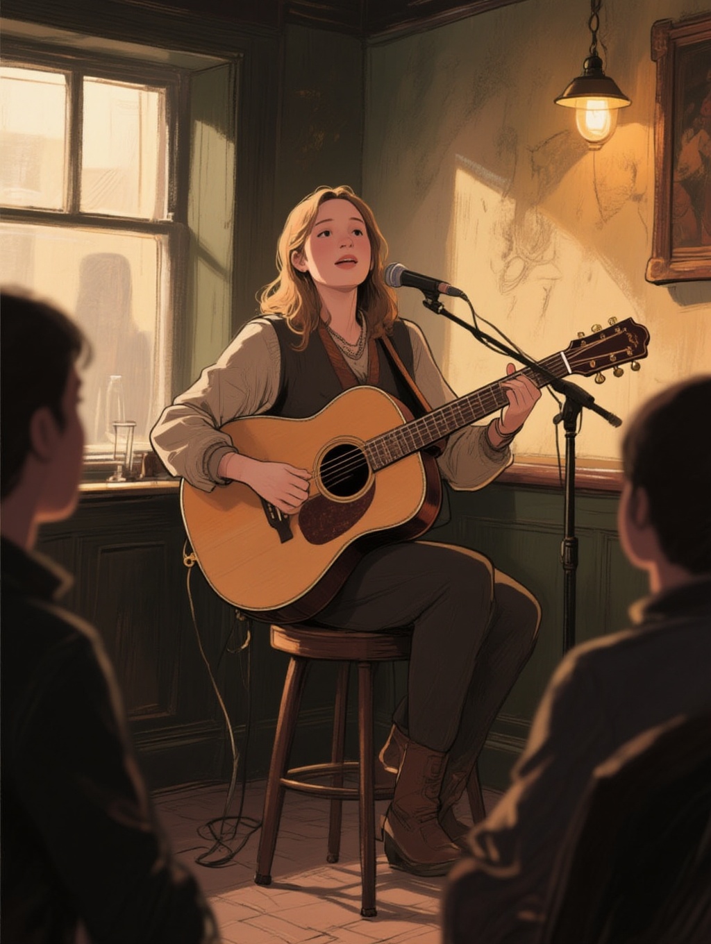 illustrated portrait of a folk singer seated on a stool with her guitar in the corner of a cozy dark pub performing for th...