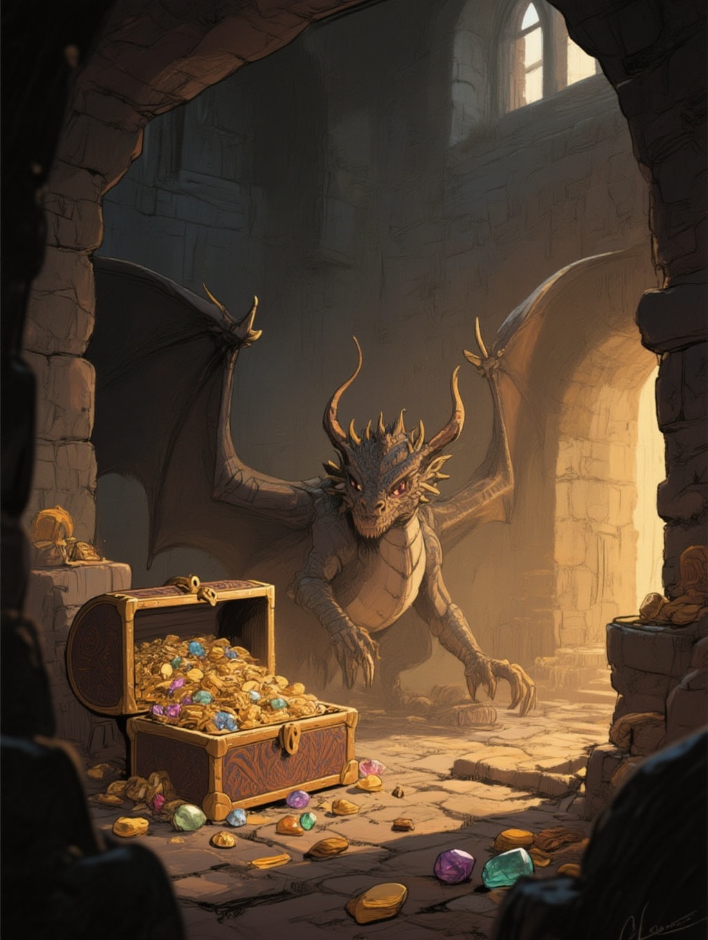 illustrated view of a dark castle interior with a dragon lurking in the shadows with faint light glinting off of piles of...