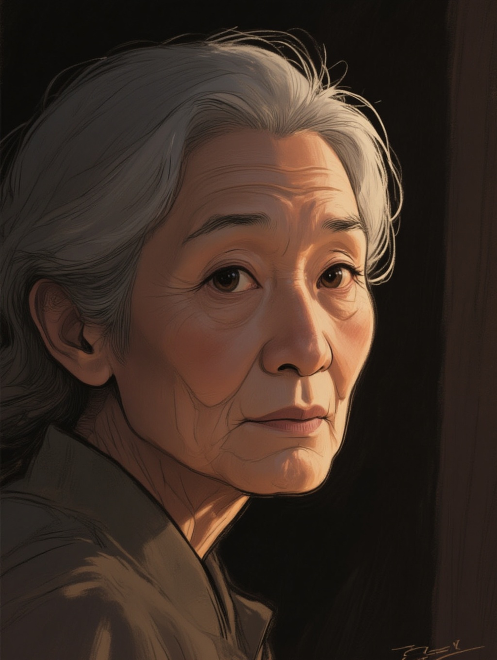 minimal moody illustrated portrait of an older Korean model emerging from the shadows,  closeup focus on the eyes,  silver...