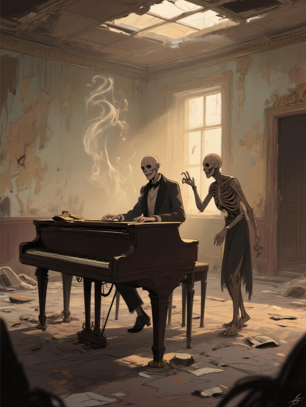 illustrated portrait of an emaciated figure in a tailcoat who plays a haunting melody on a grand piano in a once-opulent b...