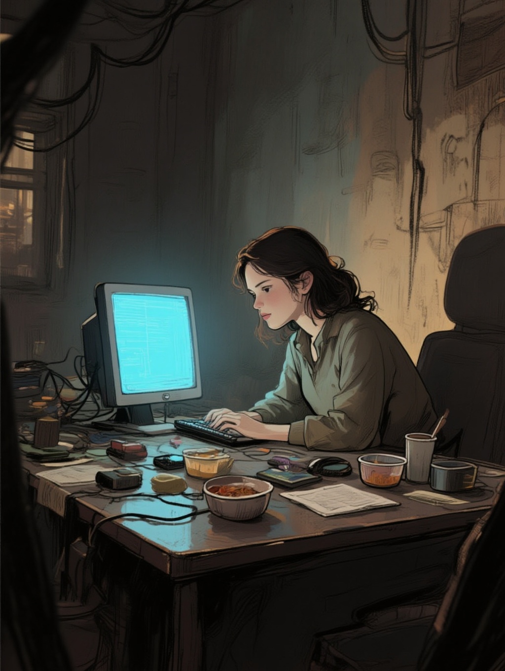illustrated scene of a gloomy interior with a lonely female programmer hunched over a computer with blue screen light and...