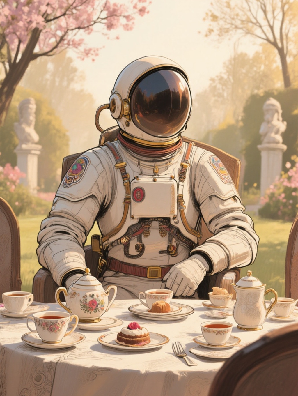 illustrated portrait of a Victorian-era astronaut in full spacesuit and fishbowl helmet sits at an ornate tea party in an...